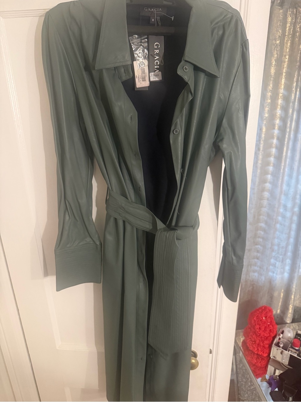 Gracia Olive Green Faux-Leather Trench with Self-Tie Belt